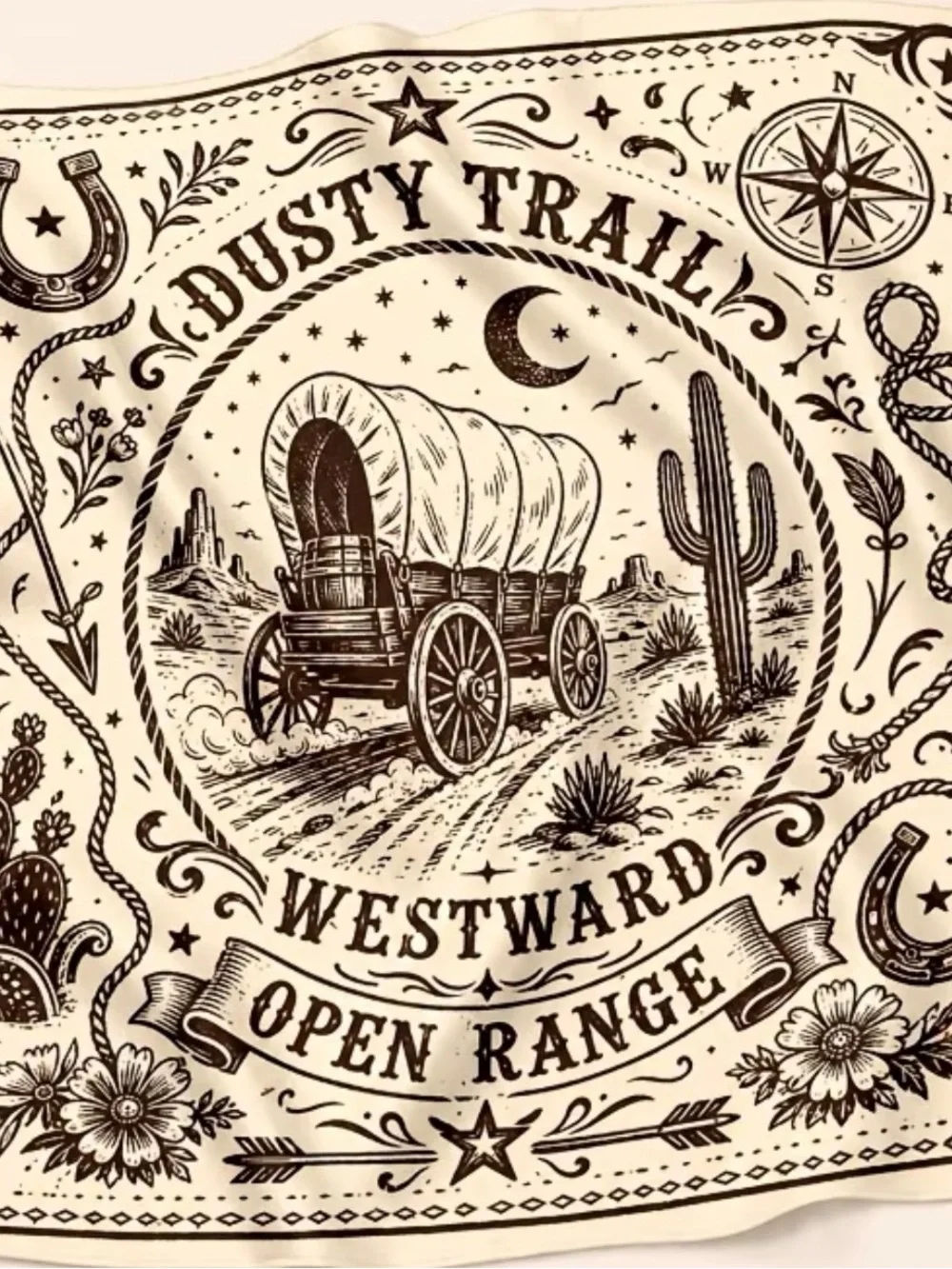 Dusty Trail Westward Open Range Cotton Bandana Scarf - Cream & Brown